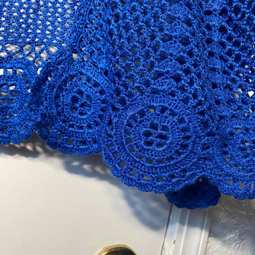 Bedford Fair Royal Blue Crochet Open Front Cardigan Scalloped Hem Size Large - Picture 3 of 6